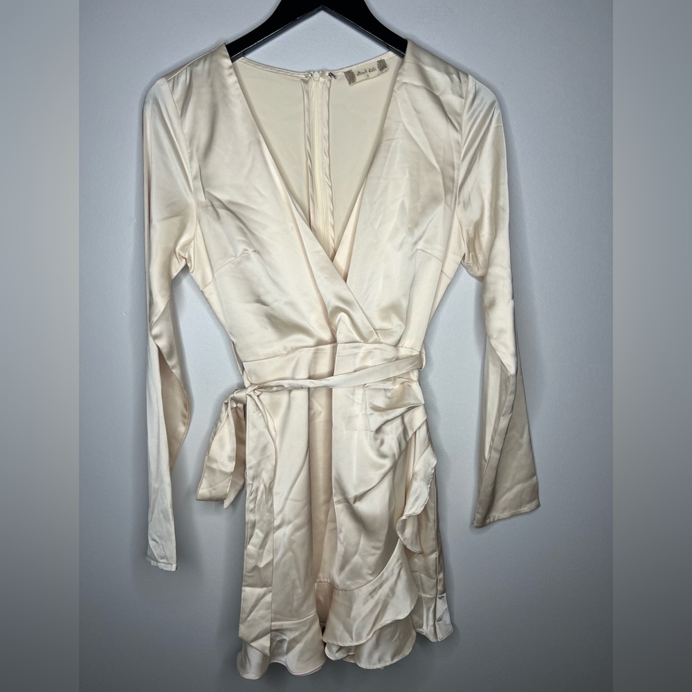 Altar'd State Ivory Satin Wrap Mini Dress Romper Long Sleeve Ruffle Hem Quiet